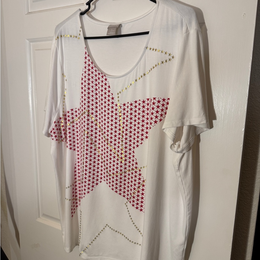 Chico's White Top with Red Star Pattern